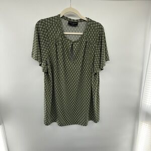 Lane Bryant Women's 18/20 Green Geometric Flutter Sleeve‎ Keyhole Tunic Top